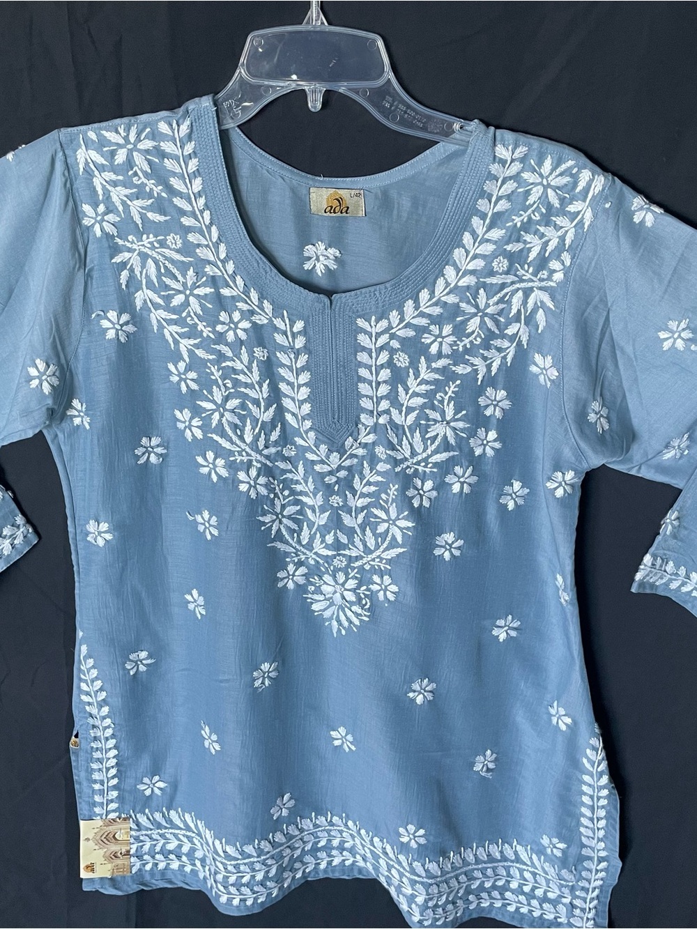 Ada Light Blue Cotton Tunic with White Floral Embroidery